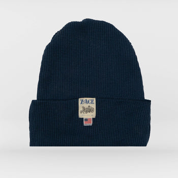 Navy Blue Thermal Beanie Zace Sewing Machine Tractor Label